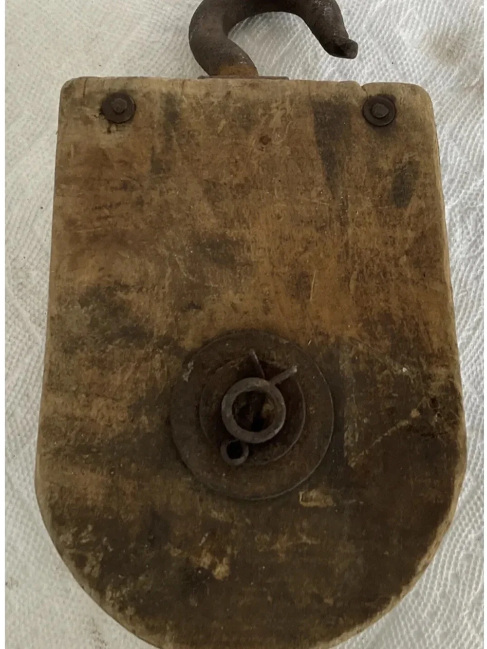 Vintage Wooden Barn Pully Wood Wheel W/ Iron Hook Great Display